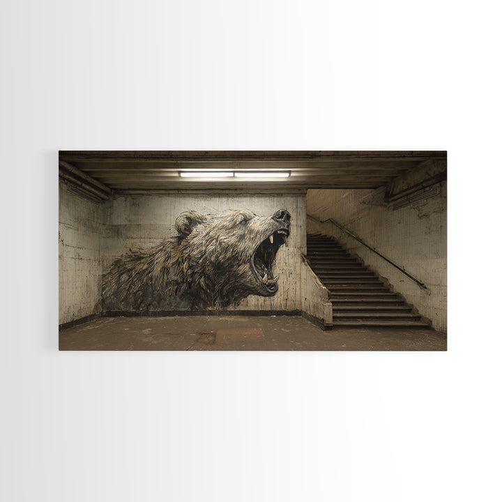 Roaring Bear Urban Subway Wall Art, Black And White Graffiti Canvas Print, Industrial Bathroom Decor, Animal Poster, Gift