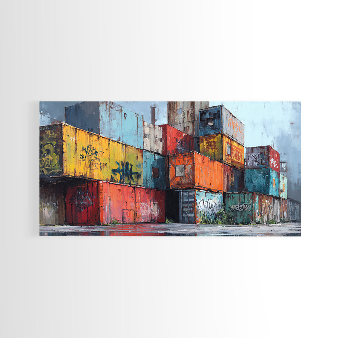 Stacked Graffiti Shipping Containers Wall Art, Urban Industrial Canvas Print, Street Art Decor, Modern Office Wall Decor