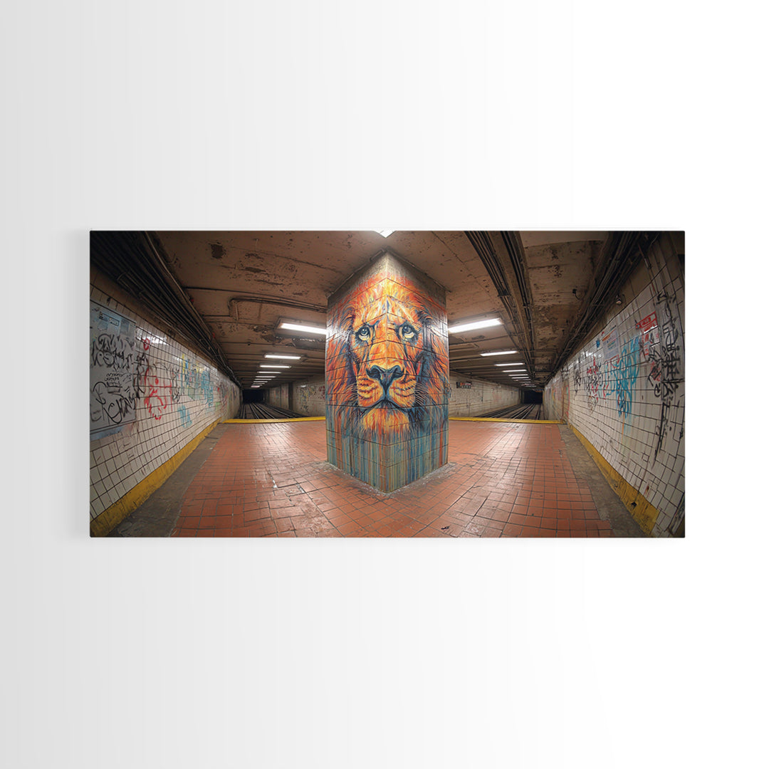 Lion Graffiti Mural In Subway Tunnel Canvas Print, Urban Street Art, Bold Animal Wall Decor, Modern Maximalist Home Decor