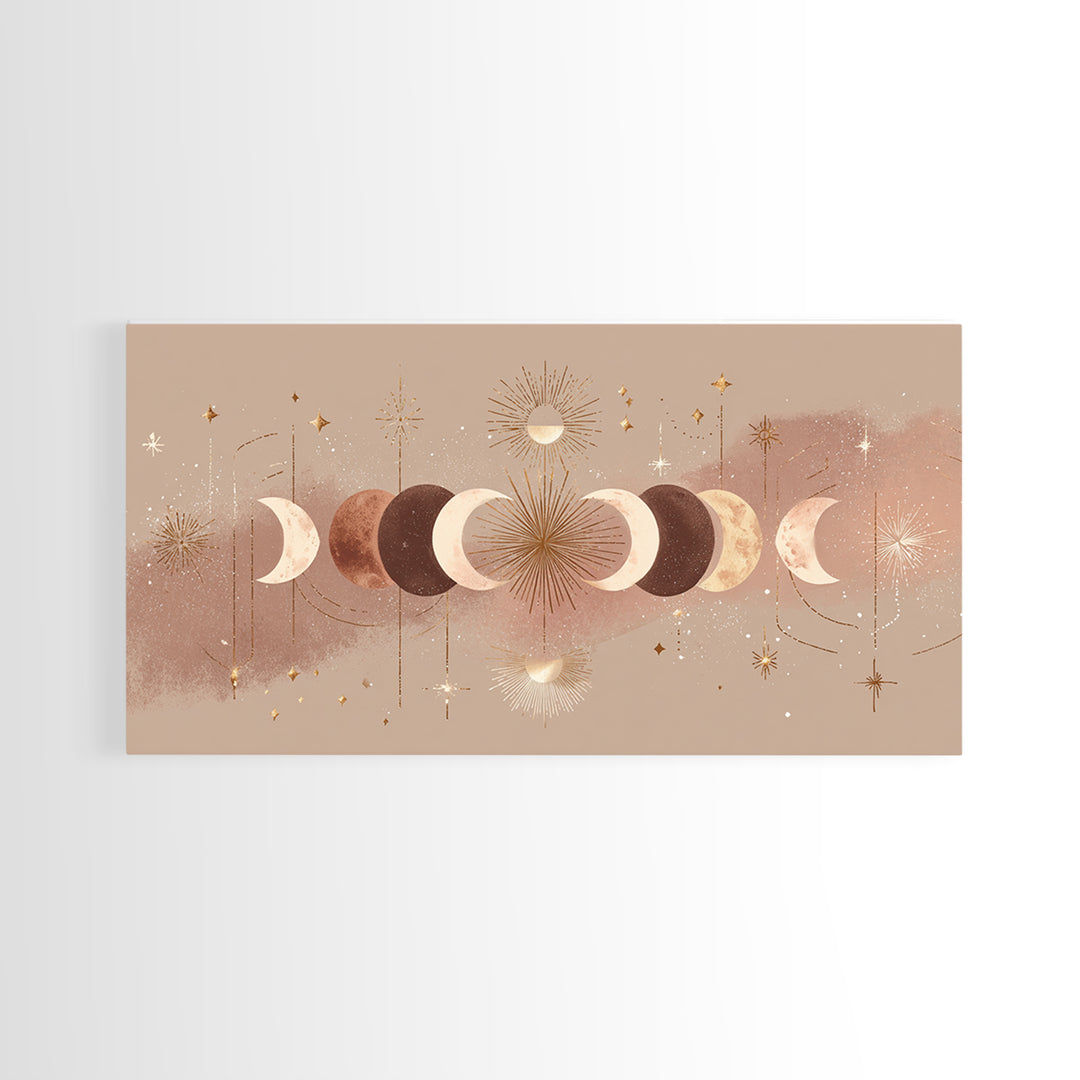 Boho Moon Phases And Radiant Sun Wall Art, Celestial Decor, Mystical Stars Print, Neutral Boho Bedroom Gallery Canvas Print