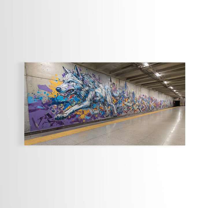 Running Wolf Graffiti Subway Mural Canvas Print, Urban Street Art Wall Art, Colorful Animal Decor, Modern Man Cave Art Gift