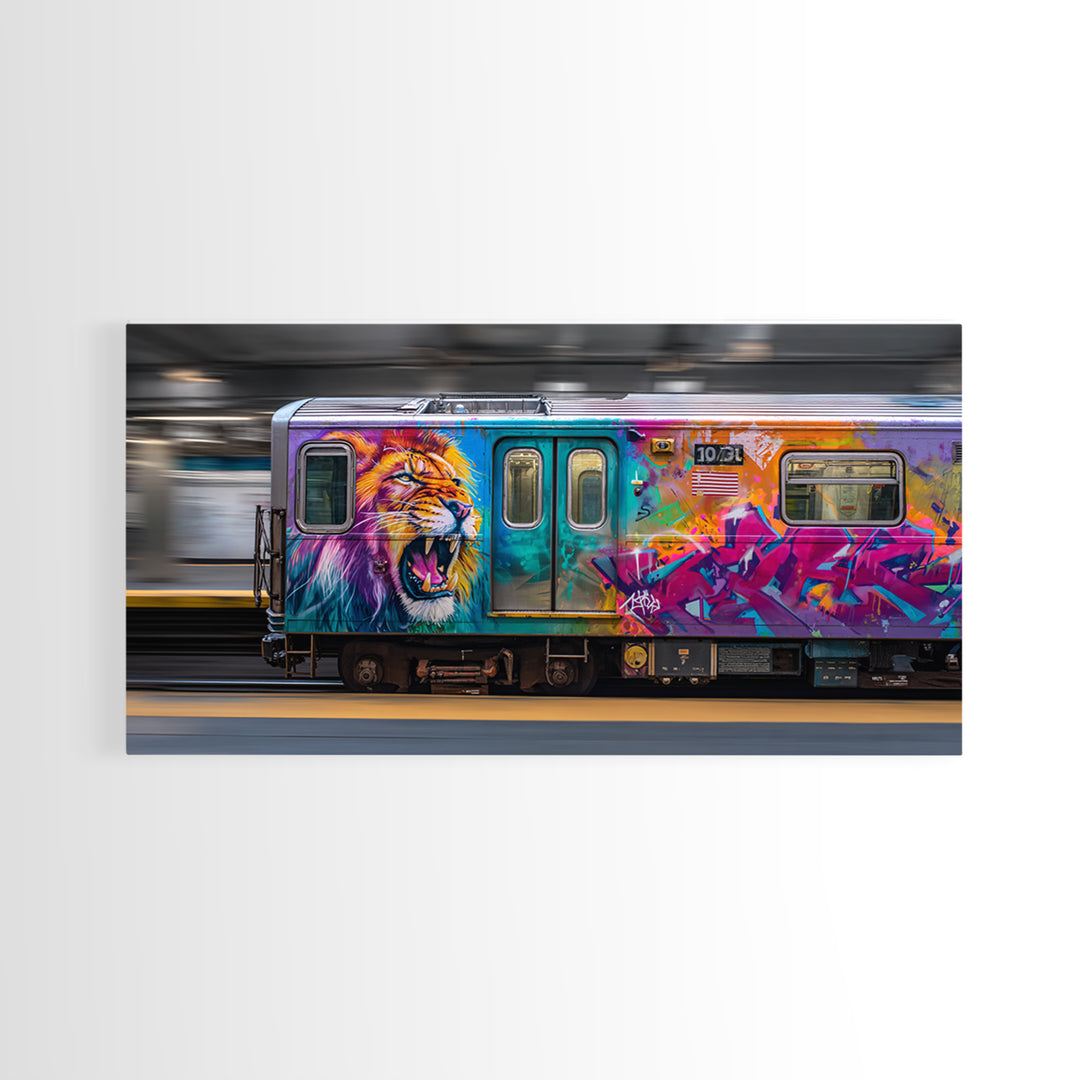 Colorful Lion Graffiti Train Canvas Print, Urban Street Art Wall Art, Dopamine Decor, Bold Pop Art Subway Photography Print