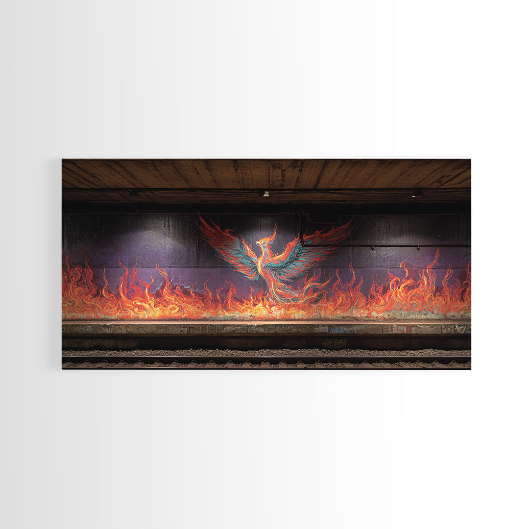 Fiery Phoenix Graffiti In Subway Tunnel Wall Art, Urban Street Art Canvas Print, Bold Industrial Decor, Modern Home Gift