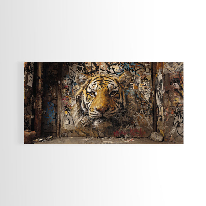 Urban Tiger Mural On Weathered Alley Wall Art, Graffiti Street Art Canvas Print, Big Cat Animal Wall Decor, Modern Home Decor