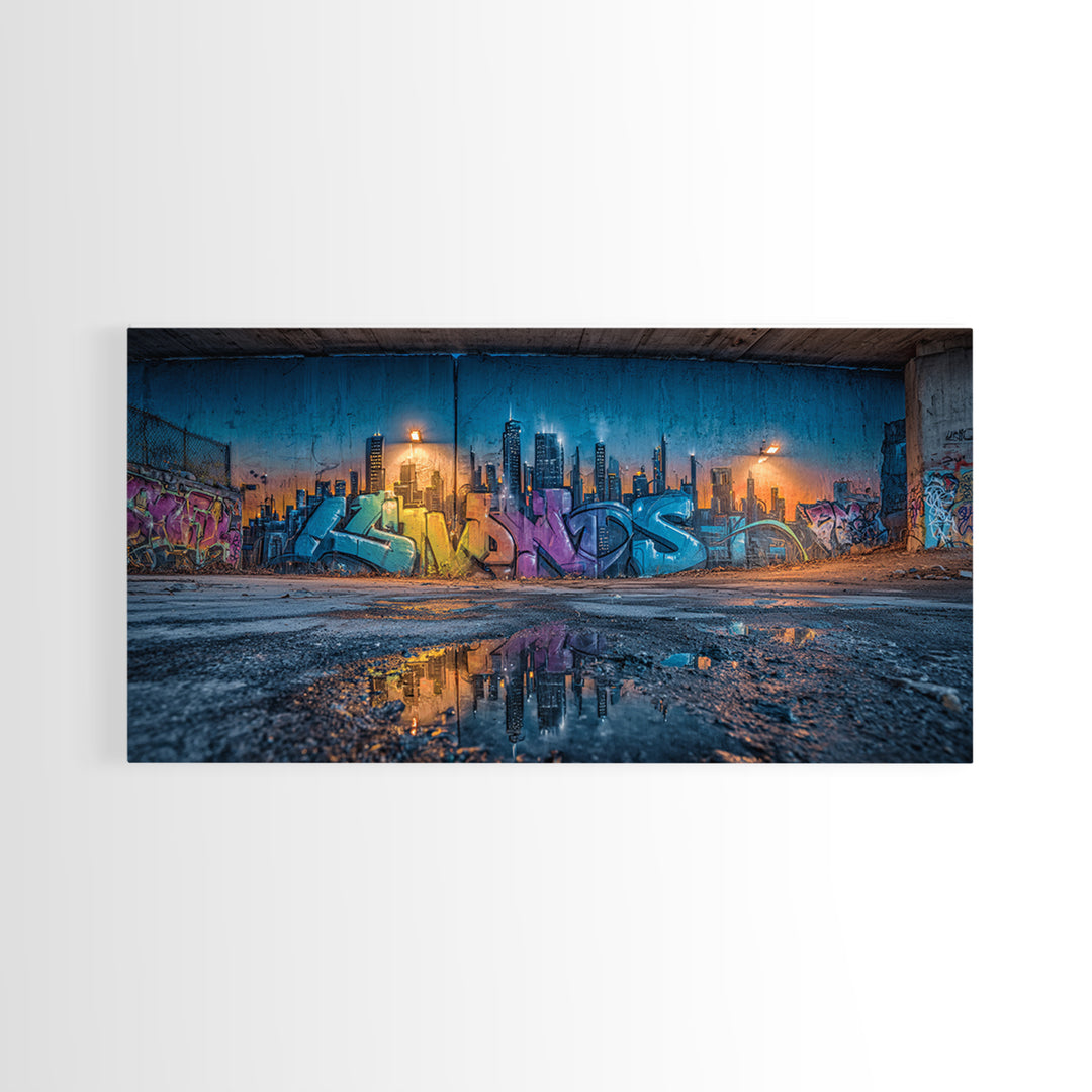 Rainy Urban Graffiti Skyline Wall Art, Street Art Canvas Print, Cyberpunk City Decor, Industrial Office Wall Decor, Modern Home Decor