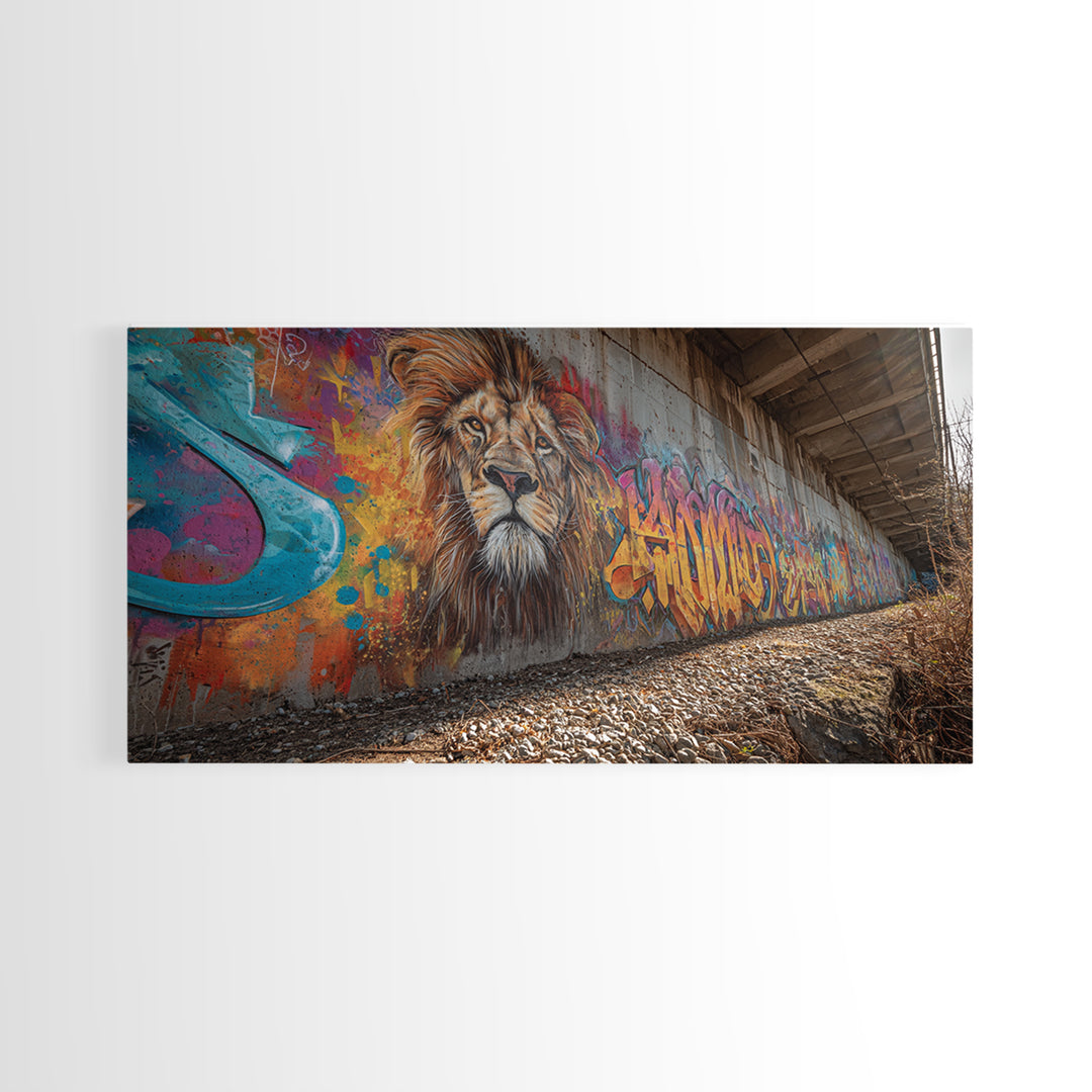 Lion Graffiti Underpass Canvas Print, Urban Street Art Wall Art, Colorful Wildlife Decor, Big Cat Mural Photography Print