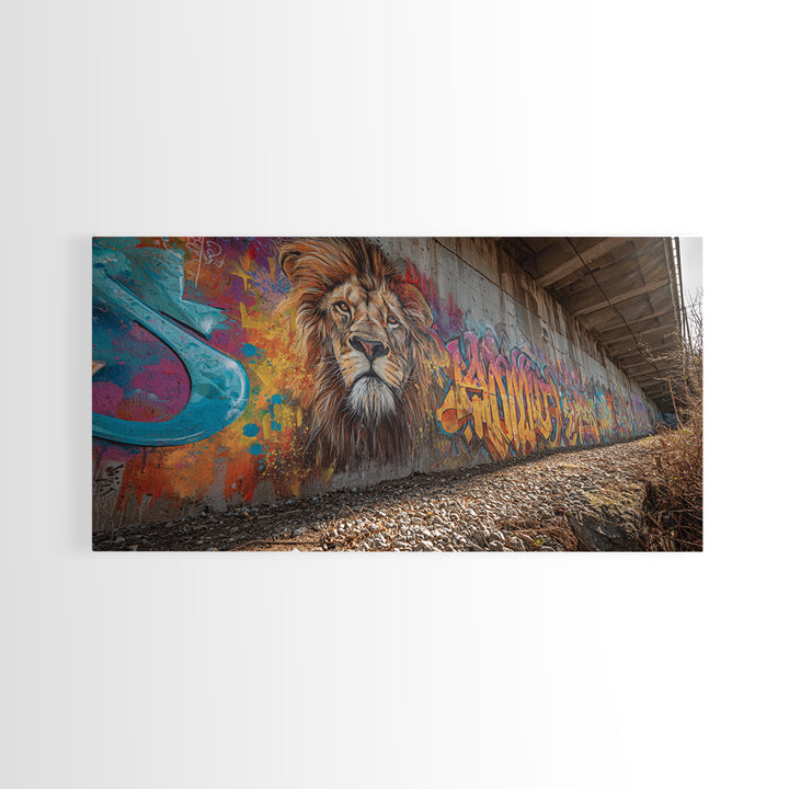Lion Graffiti Underpass Canvas Print, Urban Street Art Wall Art, Colorful Wildlife Decor, Big Cat Mural Photography Print
