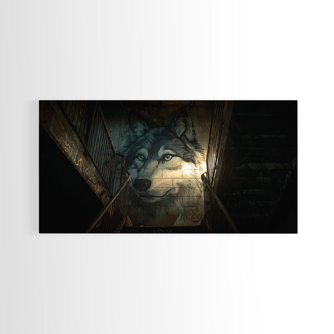 Dark Wolf Mural Stairwell Wall Art, Urban Animal Canvas Decor, Moody Graffiti Print, Masculine Office Decor Housewarming Gift For Him