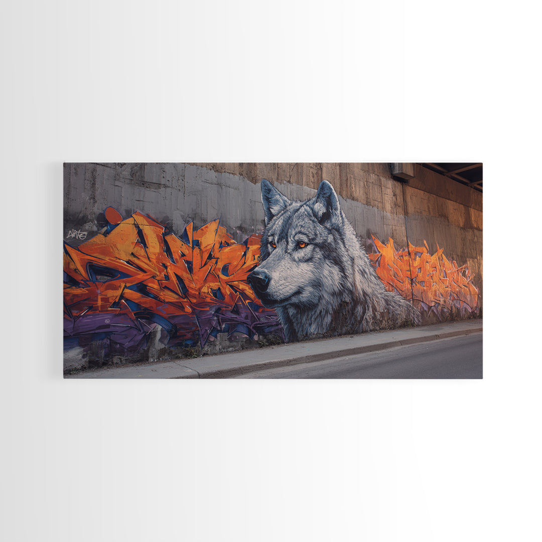 Gray Wolf Graffiti Mural Wall Art, Wildlife Street Canvas Print, Orange Urban Decor, Wolf Lover Gift, Modern Loft Apartment