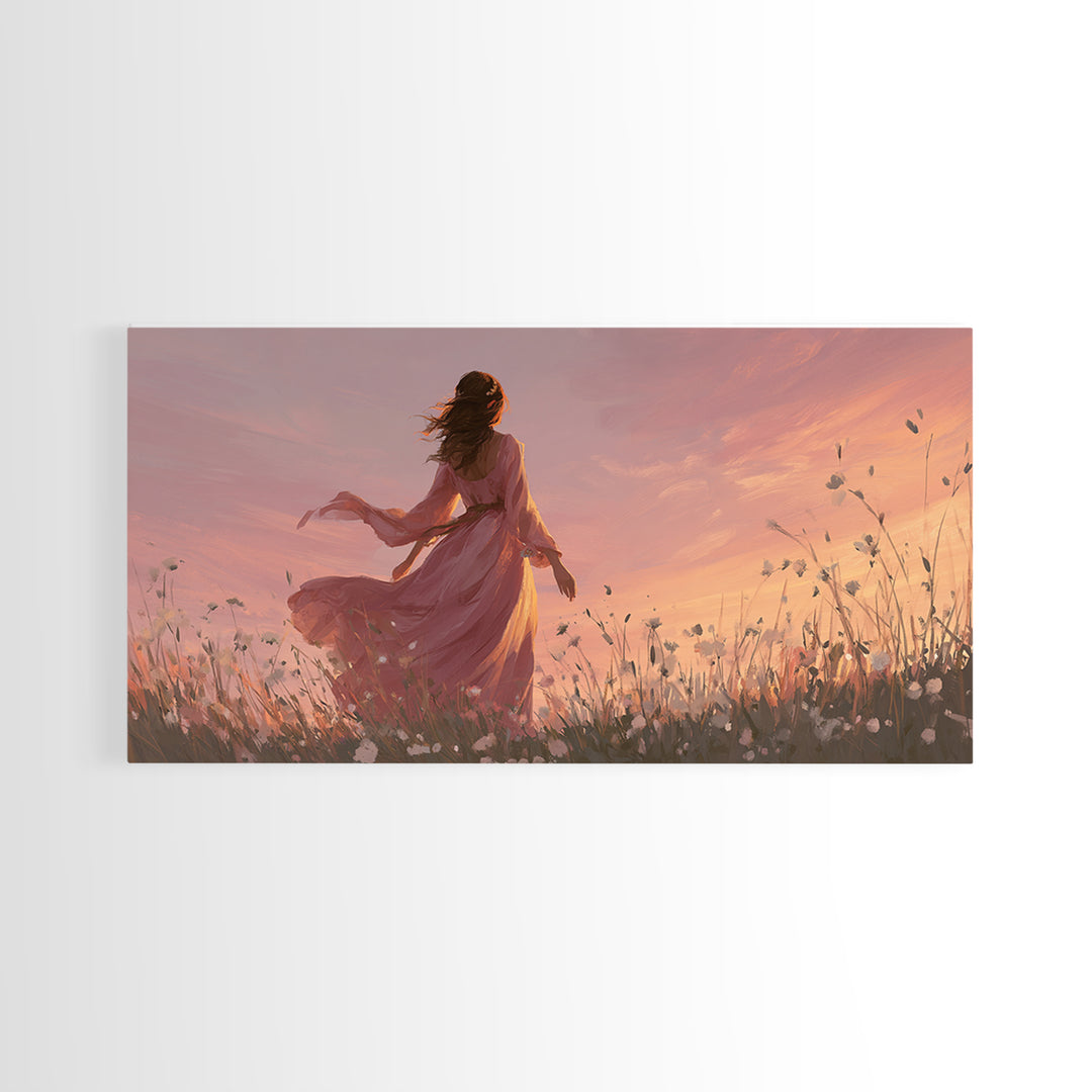 Woman In Pink Dress Sunset Meadow Canvas Print, Romantic Wall Art, Feminine Floral Decor, Dreamy Bedroom Living Room Art Gift For Her