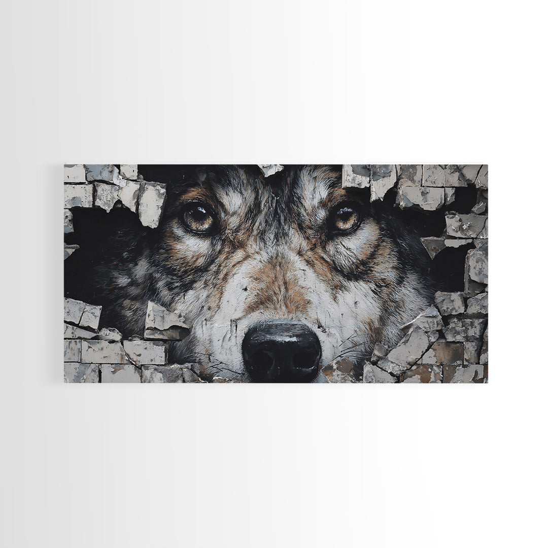 Wolf Dog Peeking Through Brick Wall Art, Rustic Animal Canvas Print, Wildlife Decor, Pet Lover Gift For Cabin Or Office Decor