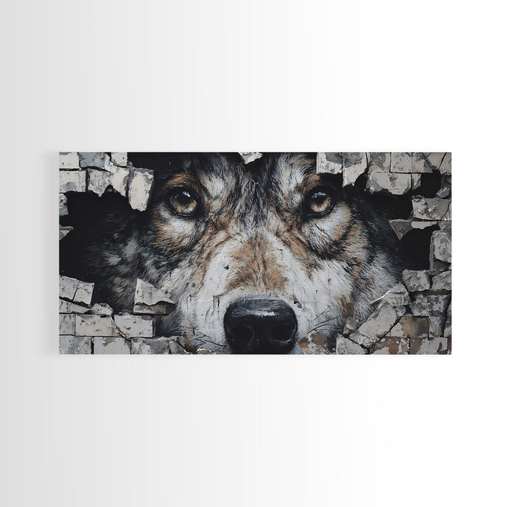 Wolf Dog Peeking Through Brick Wall Art, Rustic Animal Canvas Print, Wildlife Decor, Pet Lover Gift For Cabin Or Office Decor
