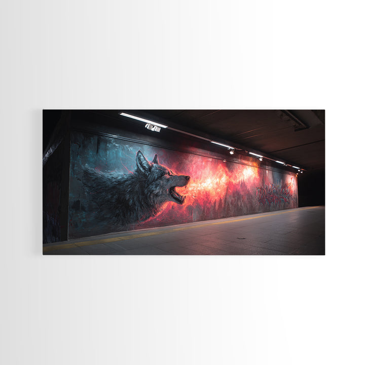Howling Wolf Graffiti Tunnel Mural Wall Art, Urban Street Art Print, Dark Fantasy Decor, Edgy Man Cave Canvas For Living Room Decor