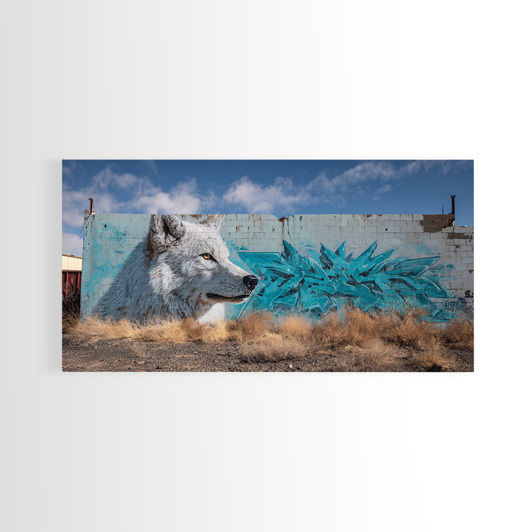 White Wolf Graffiti Mural On Weathered Wall Art, Urban Wildlife Canvas Print, Southwestern Street Decor, Animal Lover Gift