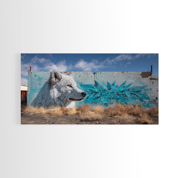 White Wolf Graffiti Mural On Weathered Wall Art, Urban Wildlife Canvas Print, Southwestern Street Decor, Animal Lover Gift