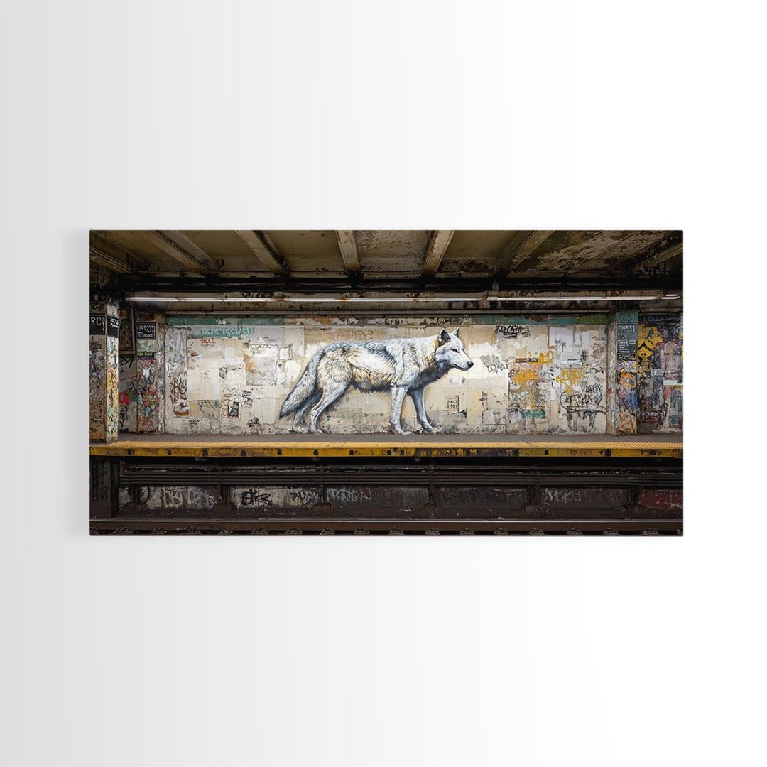 White Wolf Subway Graffiti Wall Art, Urban Animal Canvas Print, Gritty Street Art For Loft Office And Man Cave Decor Gift