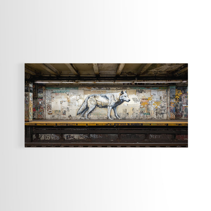 White Wolf Subway Graffiti Wall Art, Urban Animal Canvas Print, Gritty Street Art For Loft Office And Man Cave Decor Gift