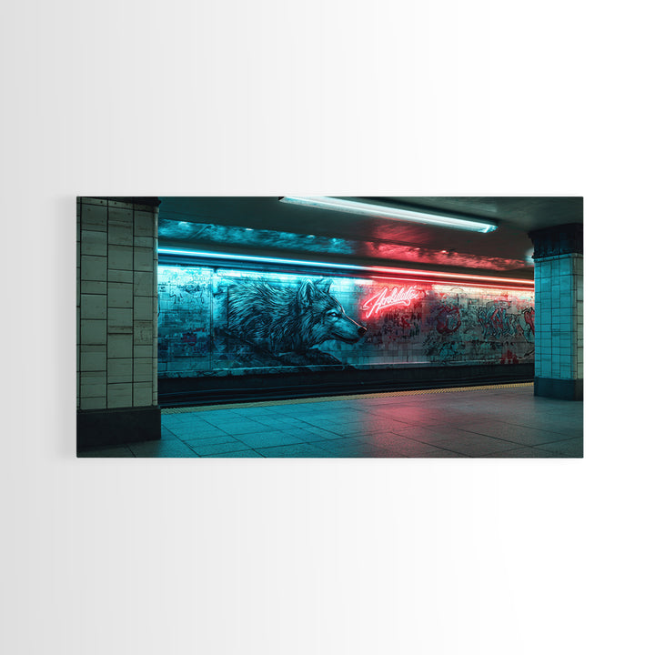 Neon Wolf Mural In Subway Station Wall Art, Urban Animal Street Art Print, Blue Red Graffiti Decor For Modern Loft Home Decor