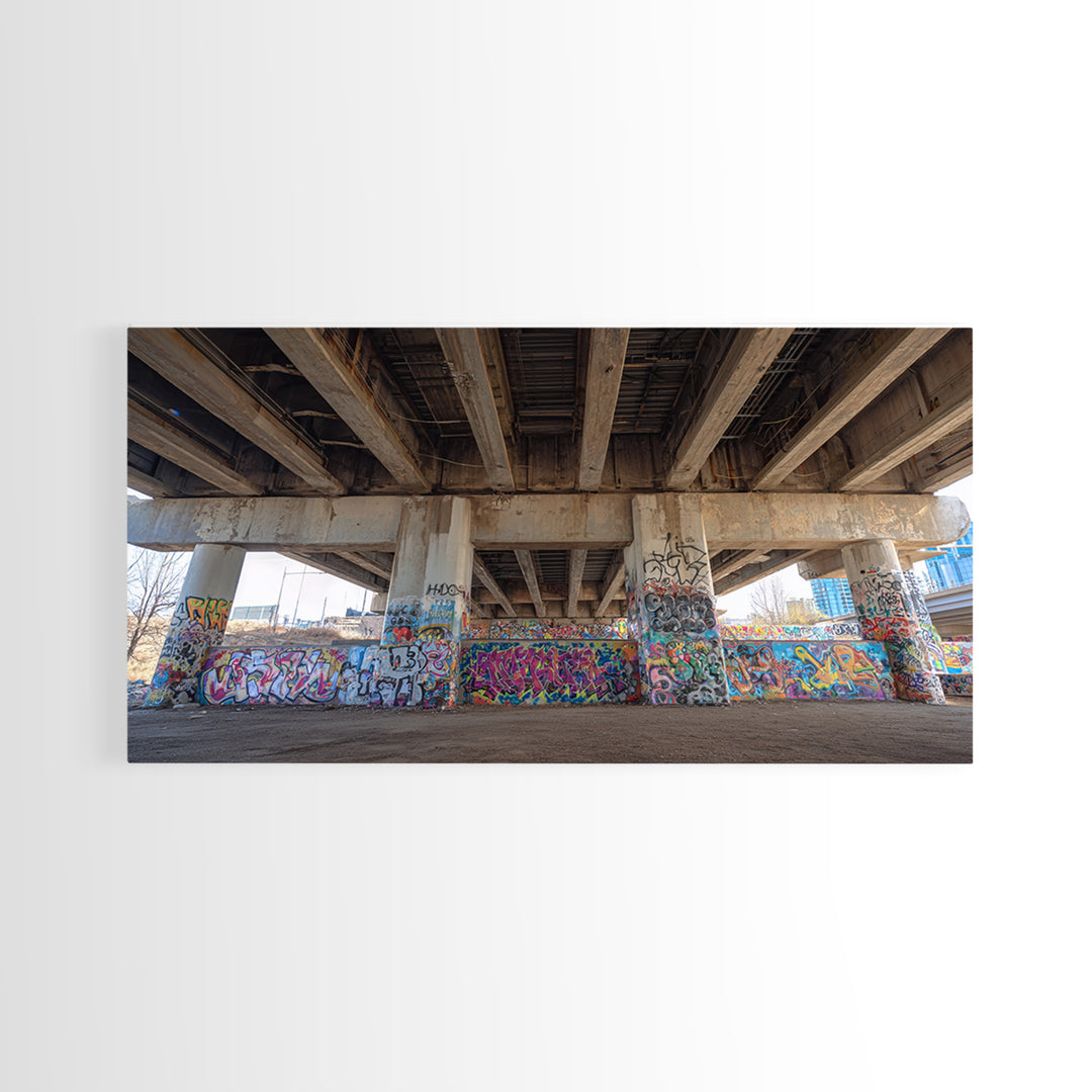 Colorful Graffiti Under Urban Bridge Wall Art, Street Art Photography Print, Modern Office Decor, Industrial City Poster