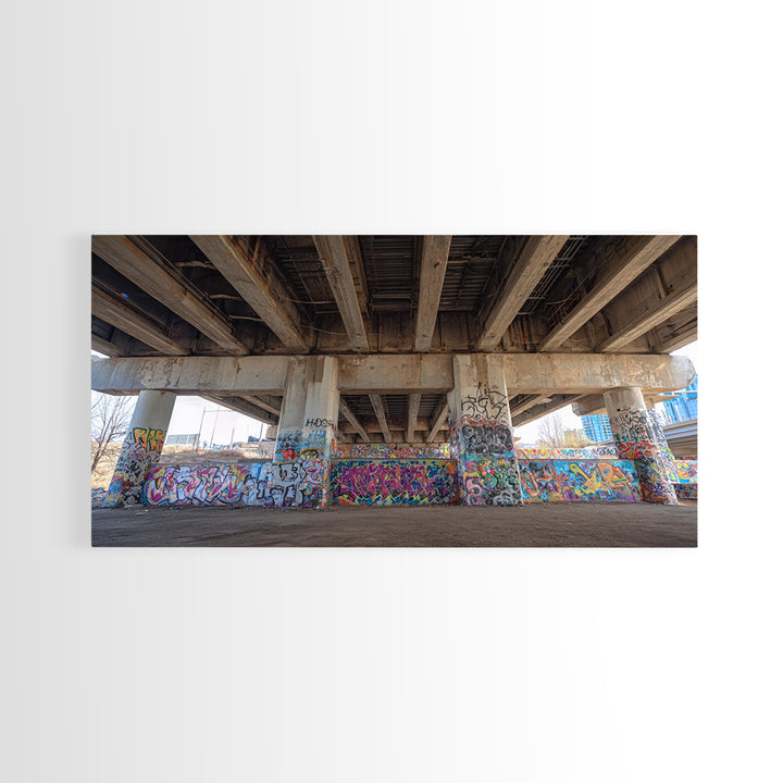 Colorful Graffiti Under Urban Bridge Wall Art, Street Art Photography Print, Modern Office Decor, Industrial City Poster