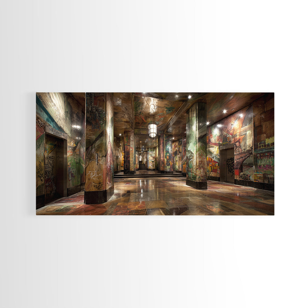 Graffiti Covered Underground Corridor Wall Art, Industrial Urban Canvas Print, Street Art Decor, Edgy Office Wall Decor