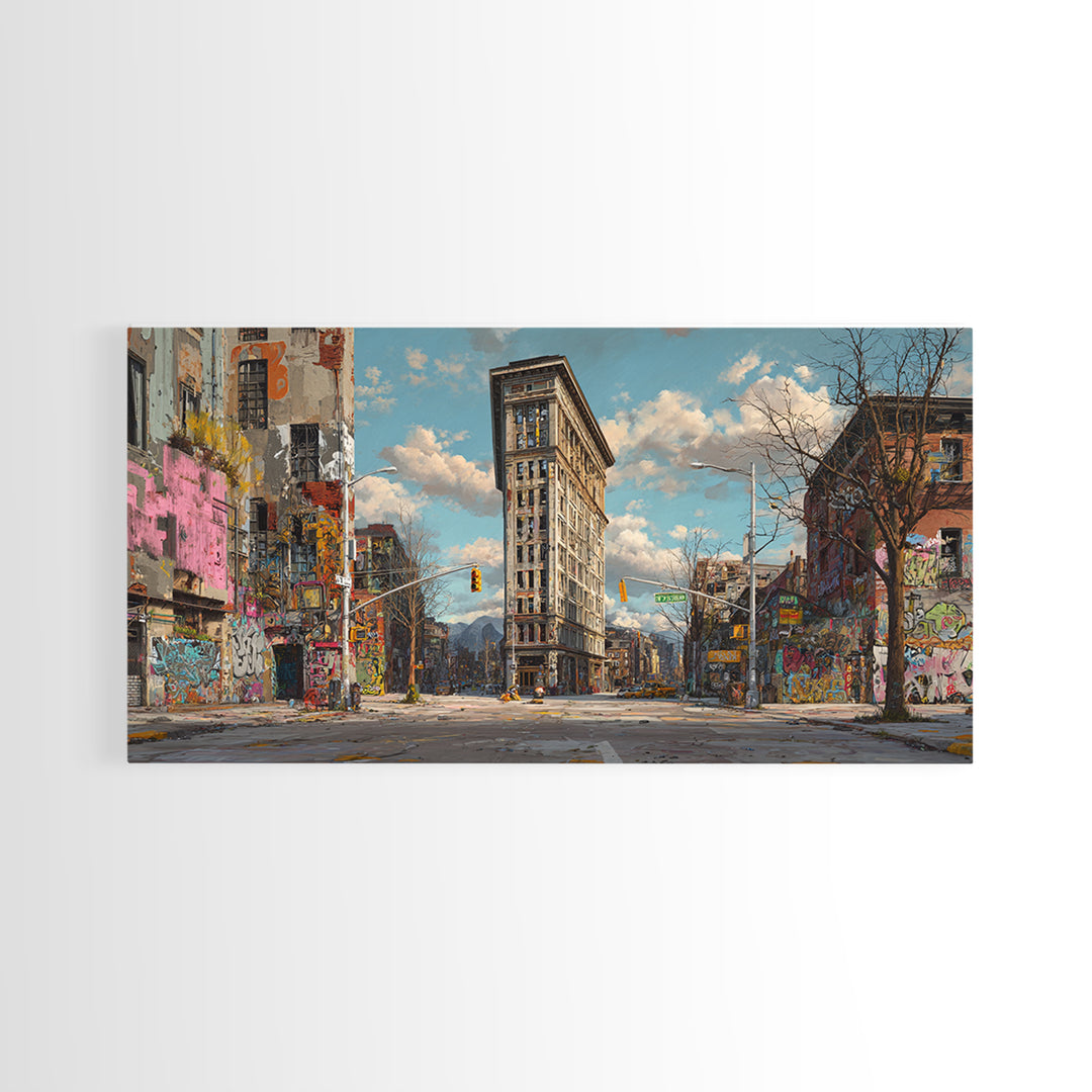 Flatiron City Street Wall Art, Urban Landscape Canvas Print, Graffiti Building Decor, New York Style Apartment Gift For Him