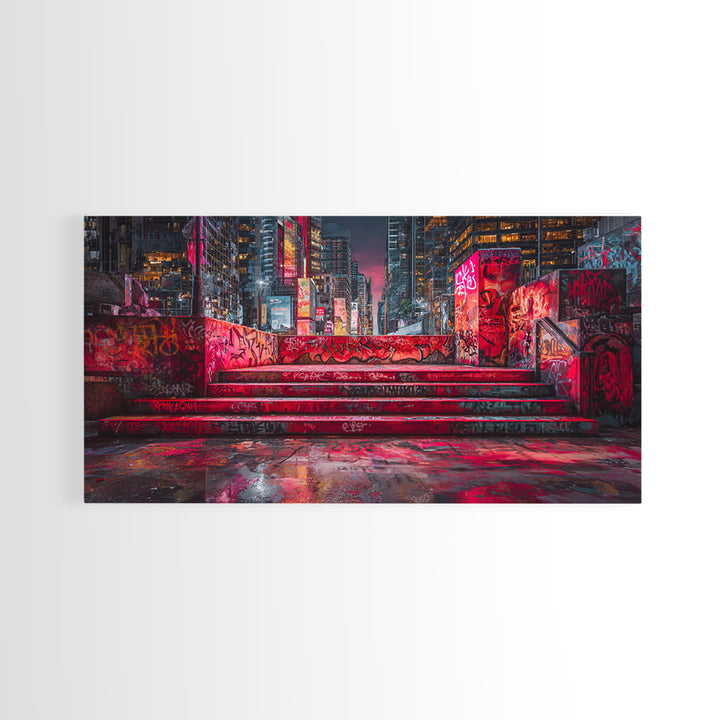 Neon Graffiti City Steps Wall Art, Cyberpunk Urban Street Art Print, Red Futuristic Decor For Gaming Room Or Loft Apartment Home Decor