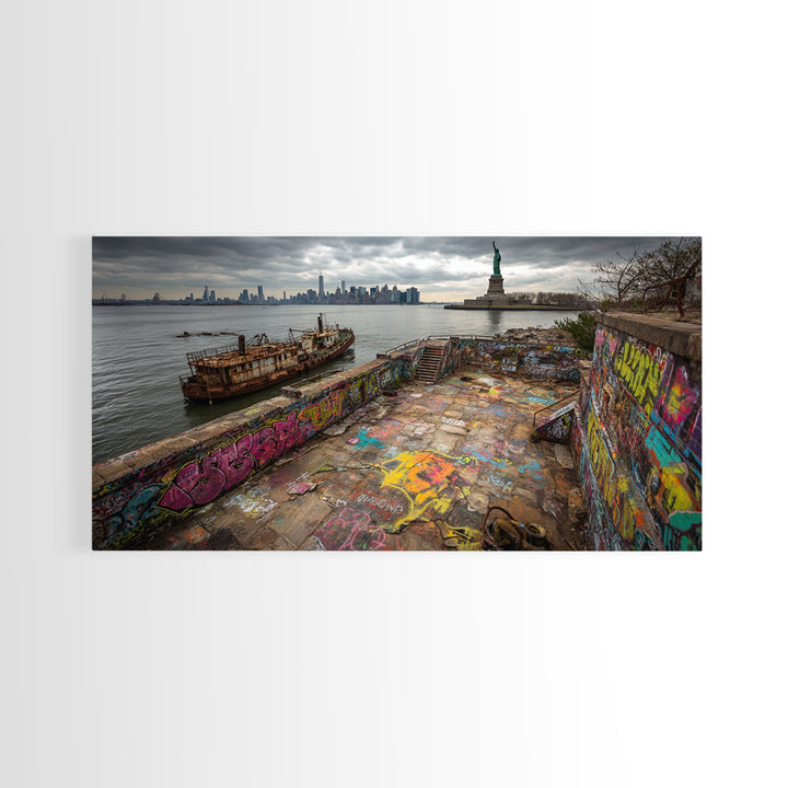 Statue Of Liberty Graffiti Pier Cityscape Wall Art, New York Travel Poster Canvas Print, Urban Coastal Decor, Gift For Him
