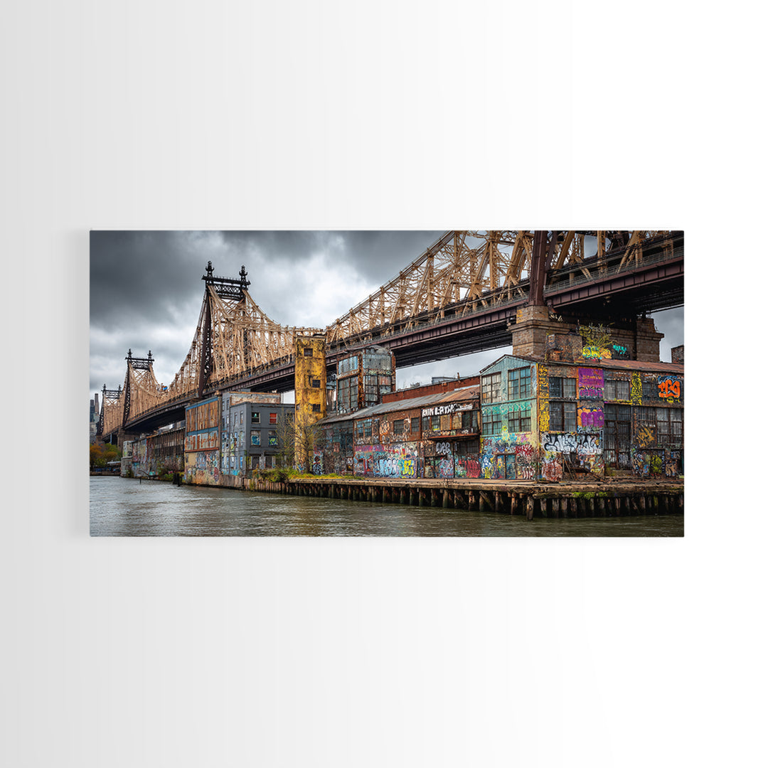 Graffiti Covered City Bridge Waterfront Framed Canvas Print, Urban Wall Art, NYC Art Print, Industrial Office Decor, Travel Poster