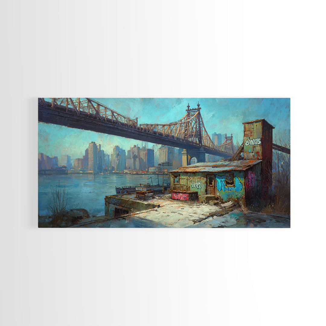 Queensboro Bridge Urban Waterfront Wall Art, NYC Cityscape Canvas Print, Industrial Loft Decor For Office And Living Room Decor