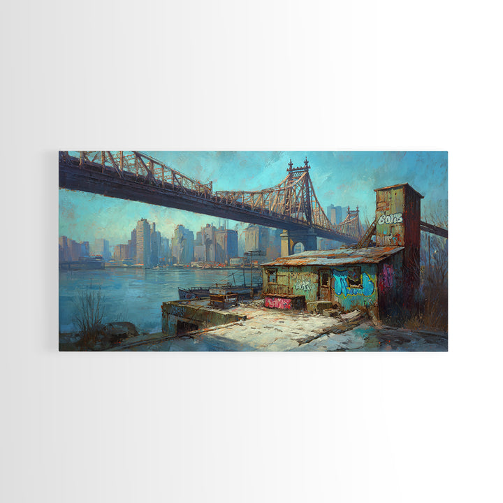 Queensboro Bridge Urban Waterfront Wall Art, NYC Cityscape Canvas Print, Industrial Loft Decor For Office And Living Room Decor