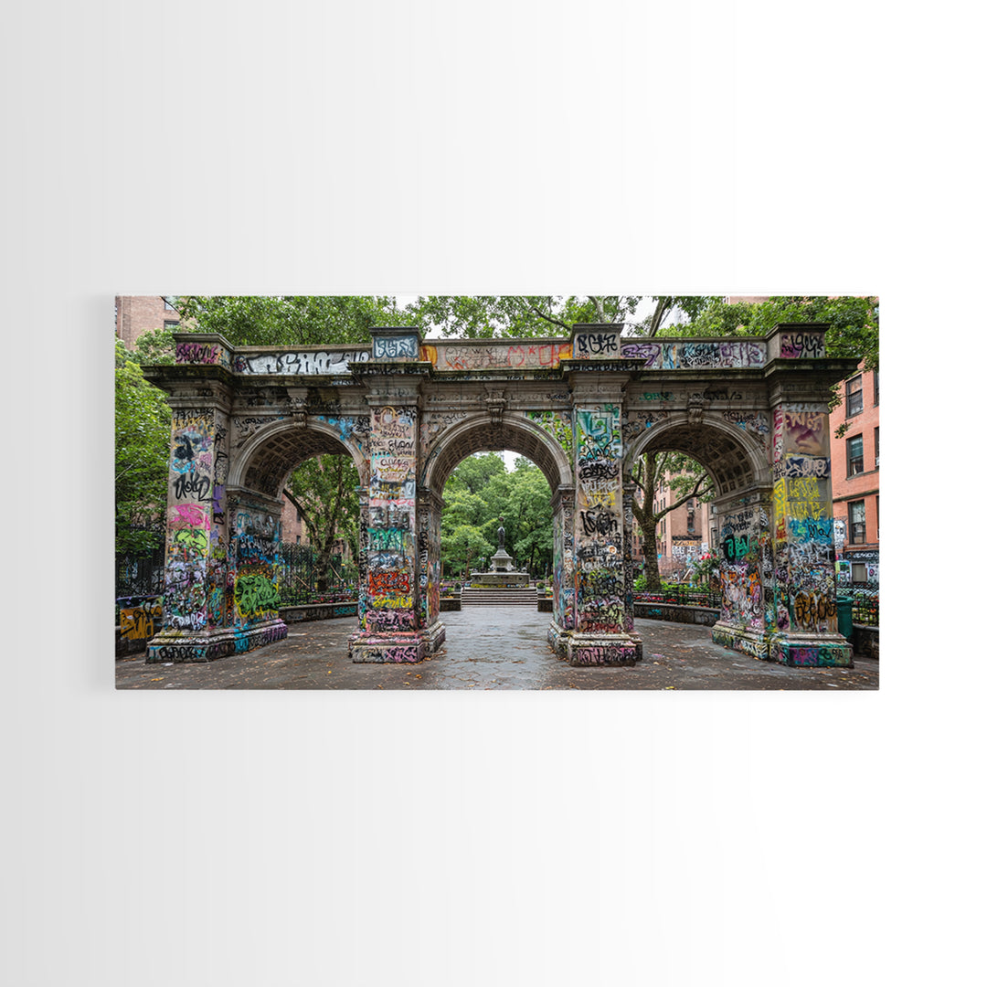 Graffiti Covered Stone Arch Wall Art, Urban Park Framed Canvas Print, NYC Street Art, Eclectic Apartment Decor Gift For Him