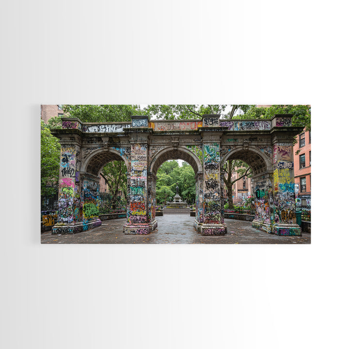 Graffiti Covered Stone Arch Wall Art, Urban Park Framed Canvas Print, NYC Street Art, Eclectic Apartment Decor Gift For Him