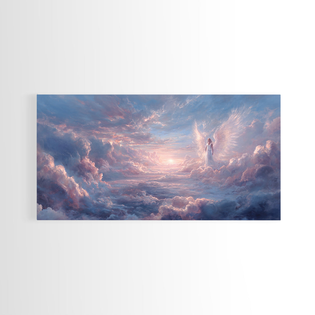 Angel In Pastel Heaven Clouds Framed Canvas Print, Dreamy Celestial Wall Art, Spiritual Sky Home Decor, Serene Gift For Her