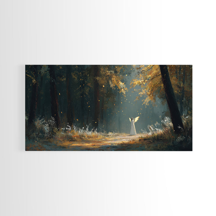 White Figure In Sunlit Autumn Forest Wall Art, Fantasy Landscape Print, Dark Woodland Decor, Mystical Nature Painting, Fine Art Print