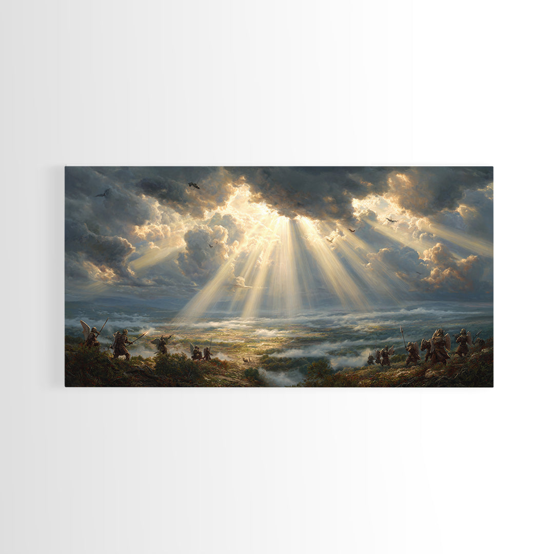 Heavenly Battlefield Canvas Print, Angelic Sun Rays Wall Art, Epic Soldiers Landscape, Christian Home Decor For Living Room