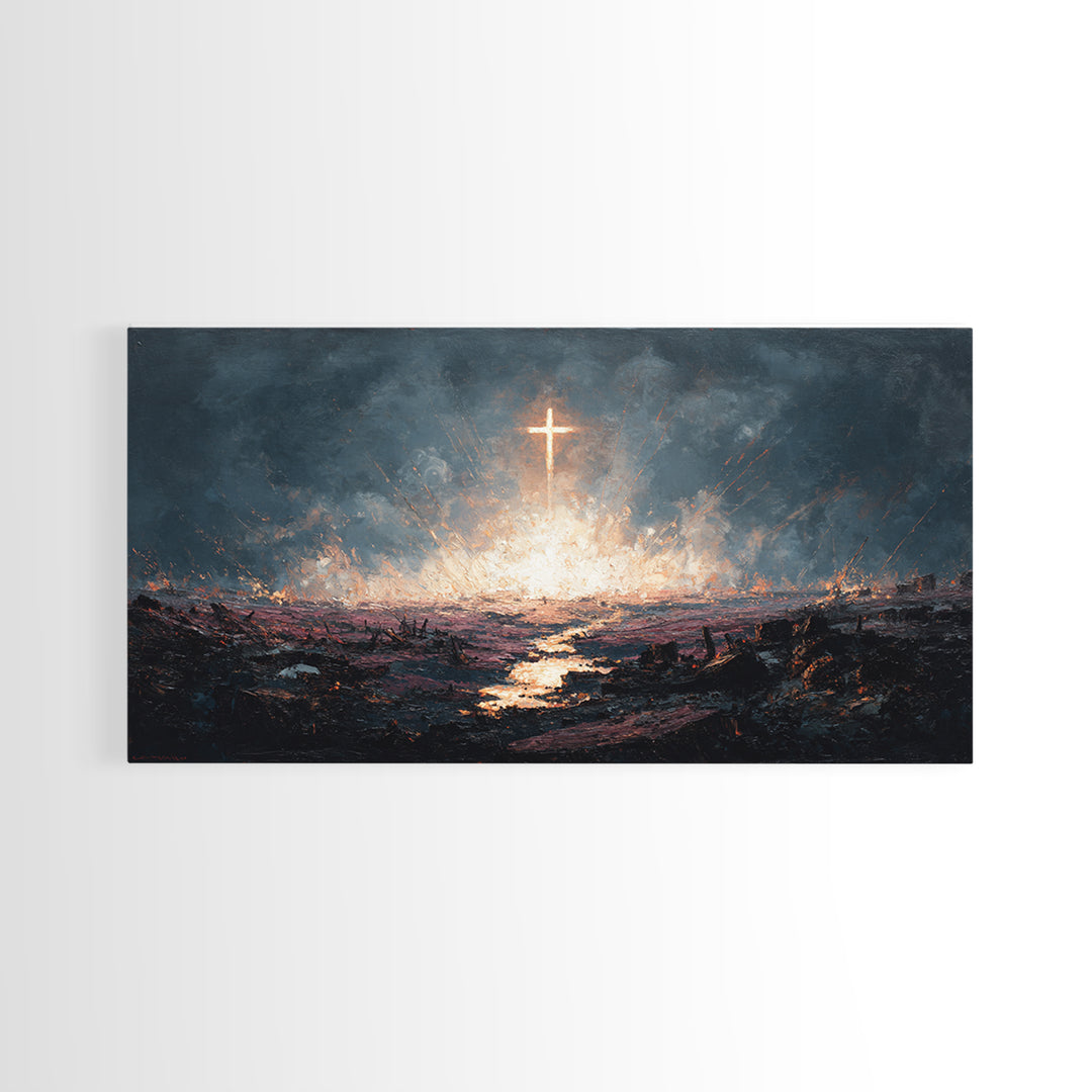 Glowing Cross Over Stormy Battlefield Framed Canvas Print, Christian Wall Art, Dramatic Faith Decor, Prayer Room Gift Idea