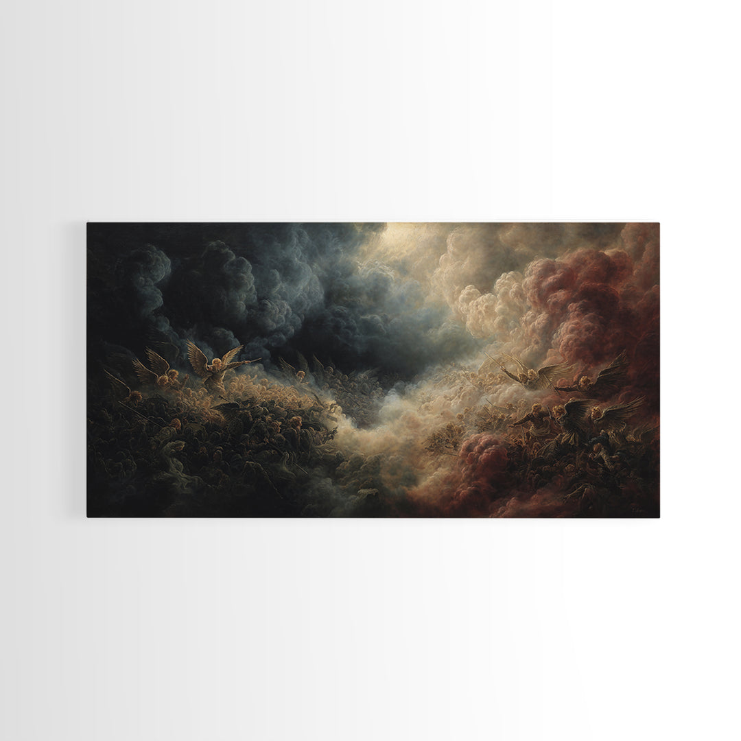 Dark Angel Battle In Storm Clouds Wall Art, Biblical Fantasy Painting, Dramatic Gothic Decor, Religious Fine Art Print Gift