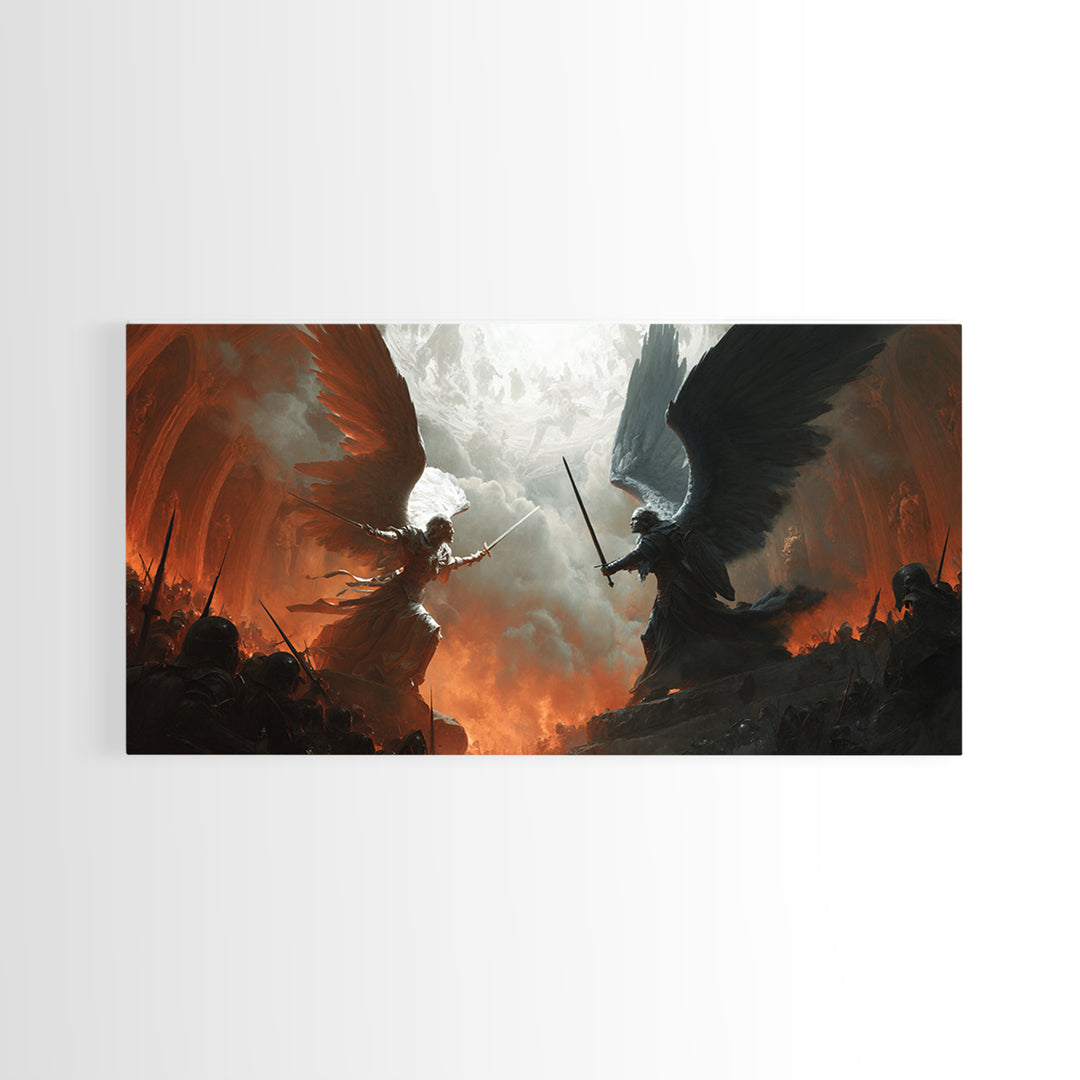 Angels And Demons Battle Wall Art, Dark Fantasy Framed Canvas Print, Epic Gothic Decor For Game Room Or Man Cave Wall Decor
