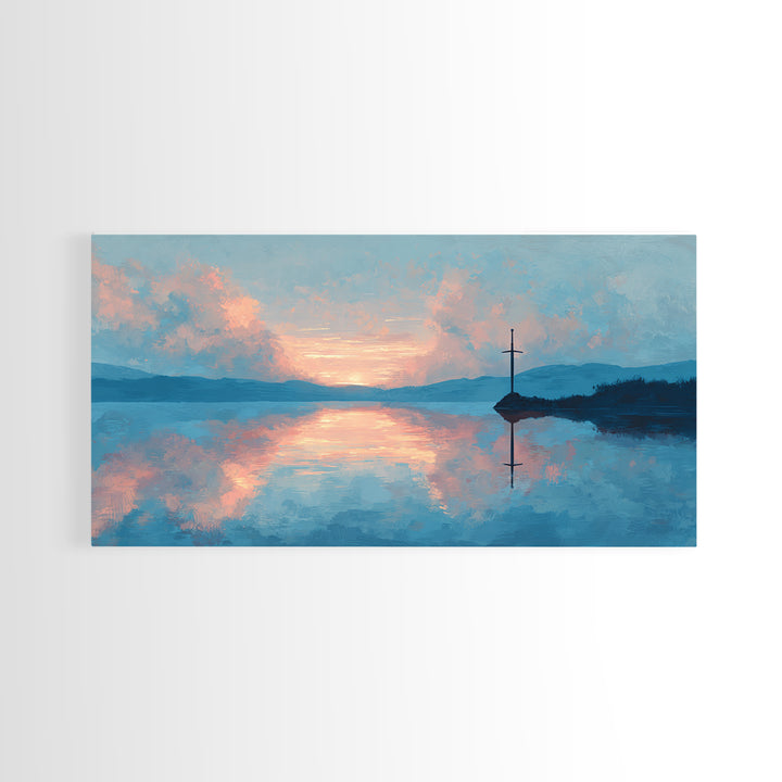 Pastel Lake Sunrise With Quiet Cross Wall Art, Landscape Painting, Christian Wall Decor, Calming Bedroom Art, Nature Gift