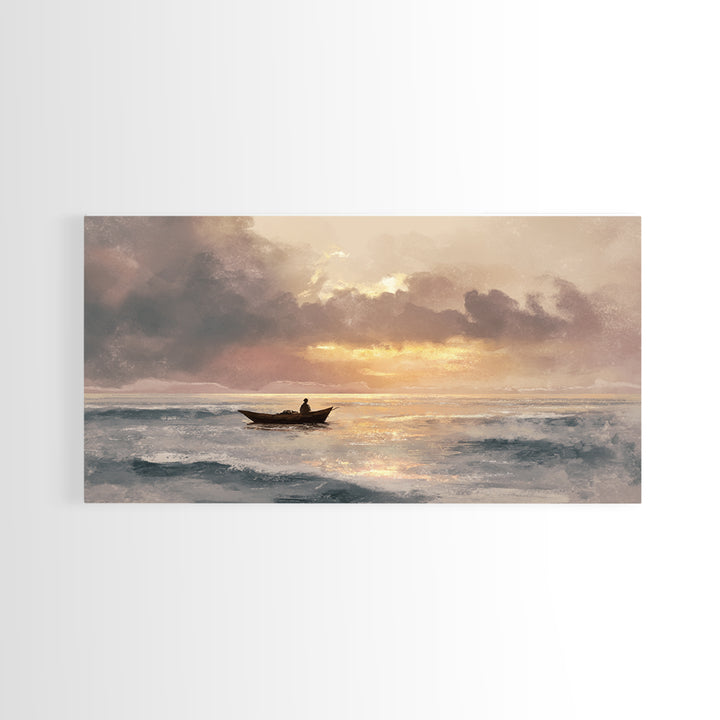 Solitary Fishing Boat At Golden Sunrise Canvas Print, Coastal Wall Art, Ocean Painting, Seascape Decor, Living Room Art Gift