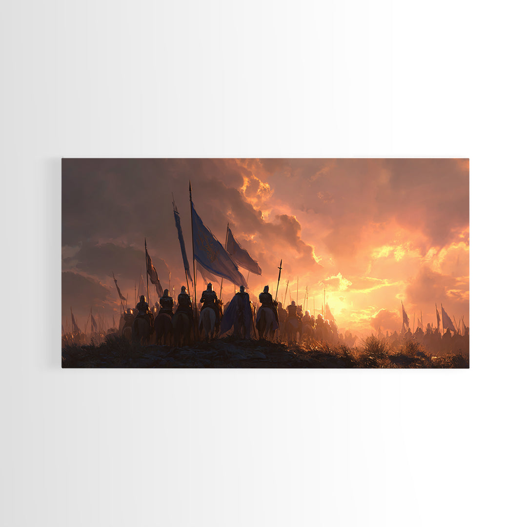 Medieval Cavalry At Fiery Sunset Wall Art, Epic Fantasy Battle Canvas Print, Knight Army Landscape Art, Gift For Him, Man Cave Decor