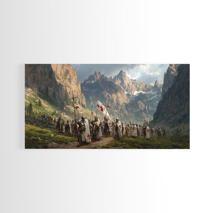 Knights In Mountain Valley Wall Art, Medieval Crusader Canvas Print, Epic Fantasy Battle Decor, Historical Artwork Gift For Him