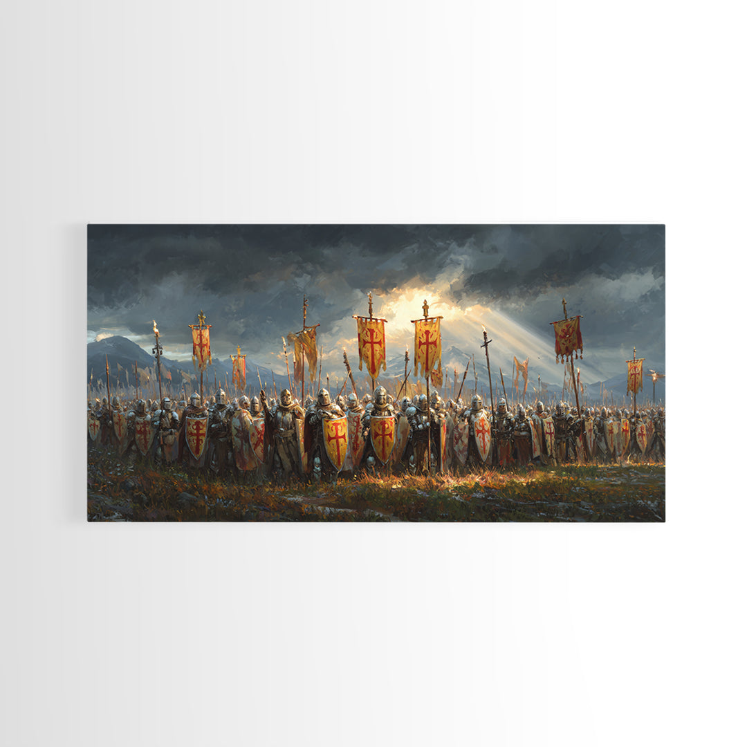 Medieval Knights Army With Red Banners Framed Canvas Print, Crusader Battle Wall Art, Historical Fantasy Decor Gift For Him