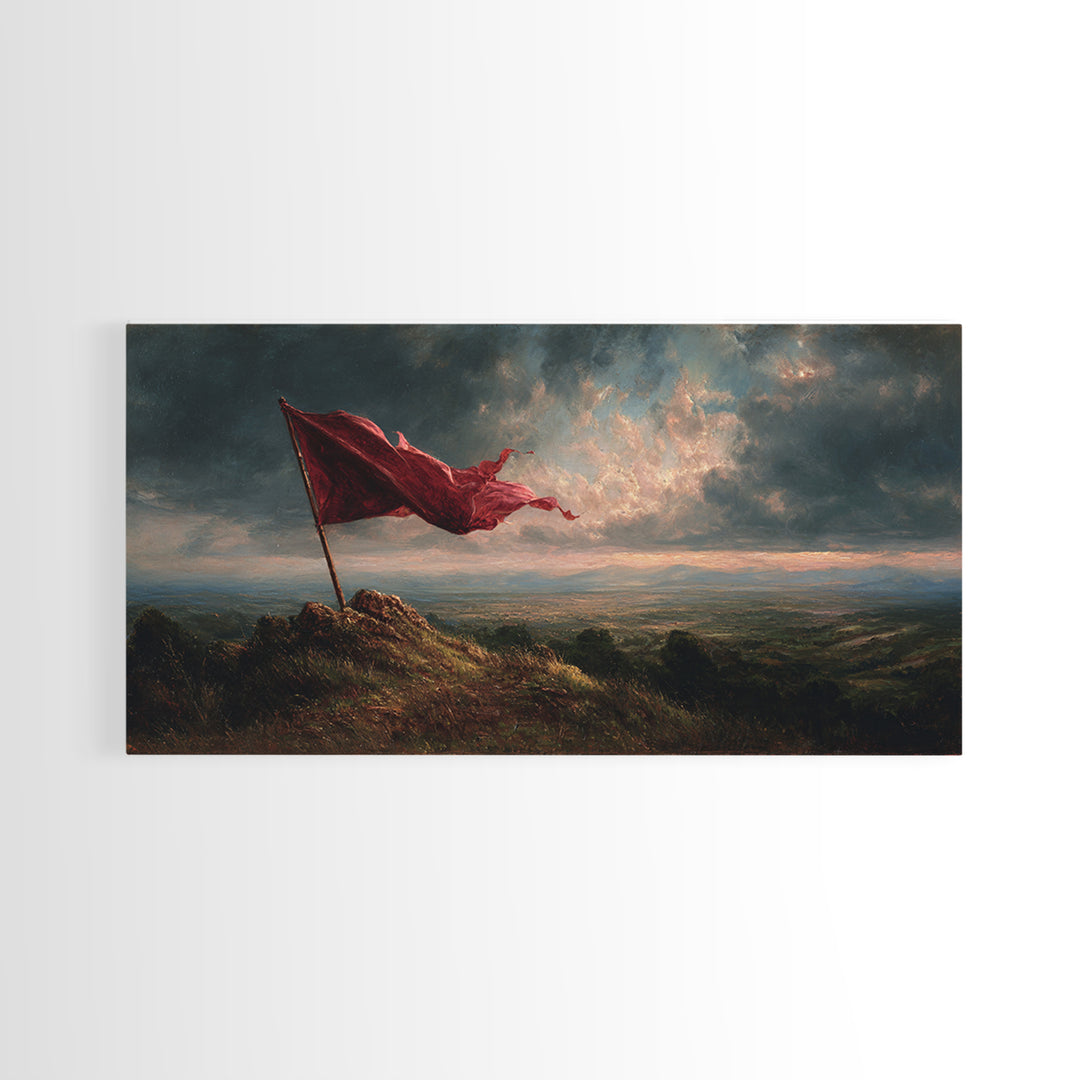 Red Flag Stormy Mountain Canvas Print, Dramatic Landscape Wall Art, Moody Rustic Decor, Patriotic Banner Art Print Gift For Him