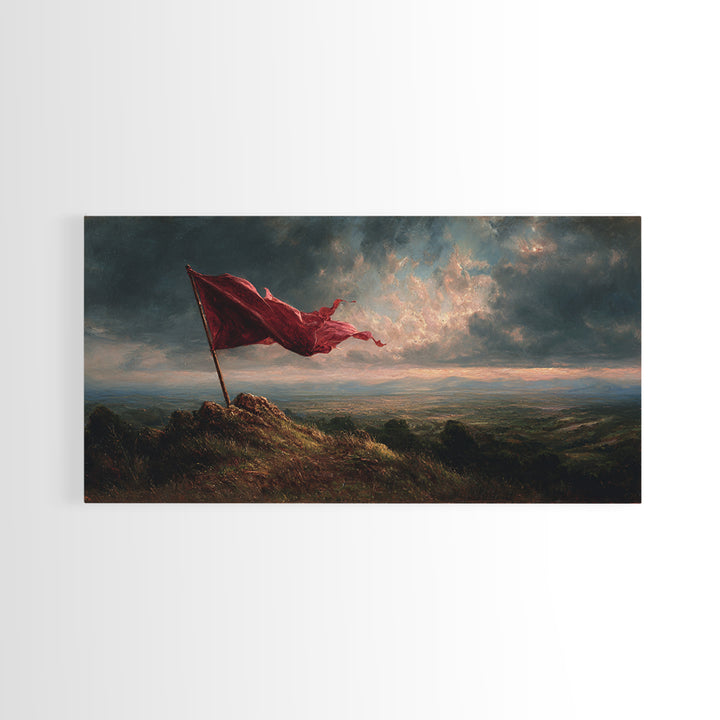 Red Flag Stormy Mountain Canvas Print, Dramatic Landscape Wall Art, Moody Rustic Decor, Patriotic Banner Art Print Gift For Him