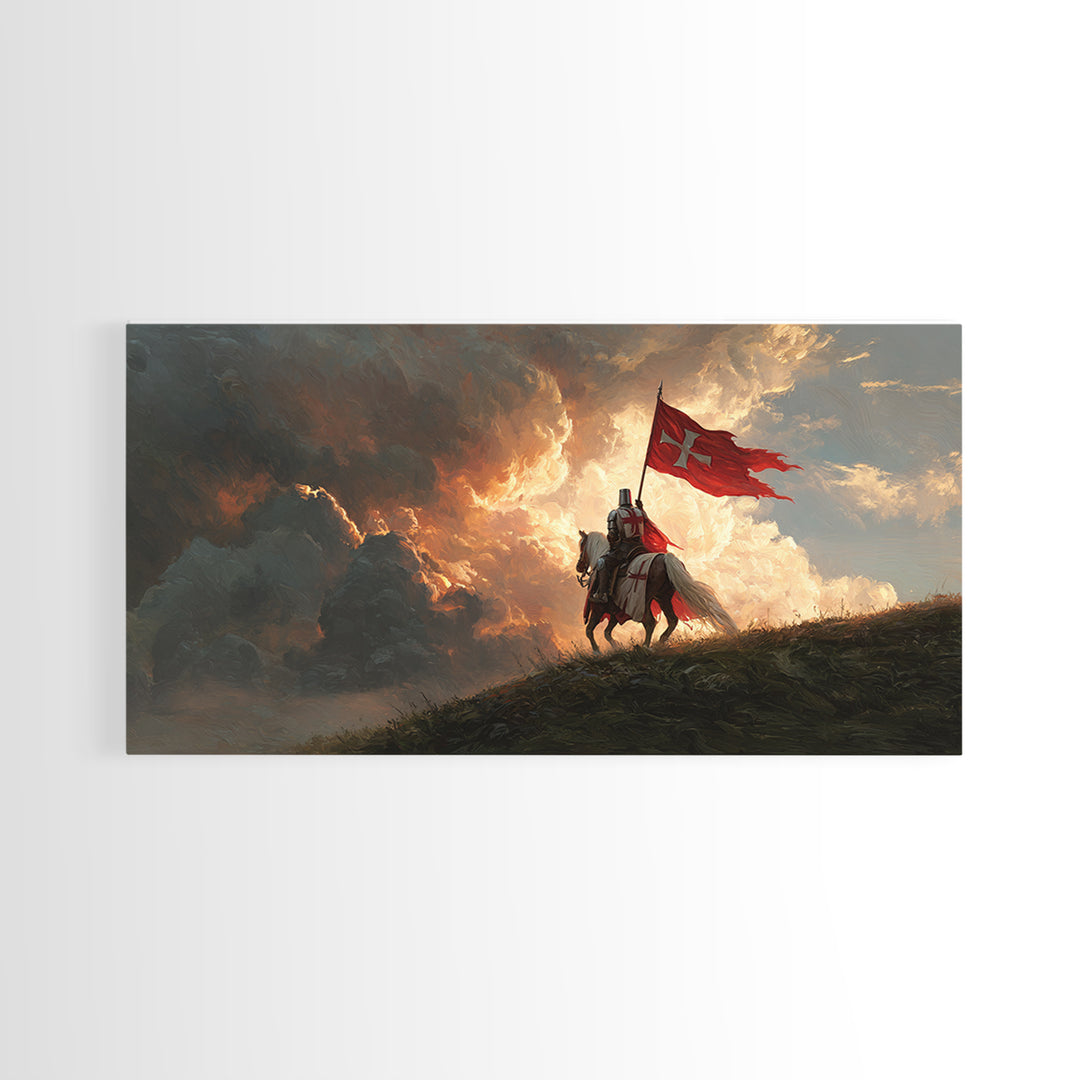 Medieval Knight With Red Banner Wall Art, Fantasy Warrior Canvas Print, Dramatic Battle Scene, Gothic Castle Decor Gift For Him