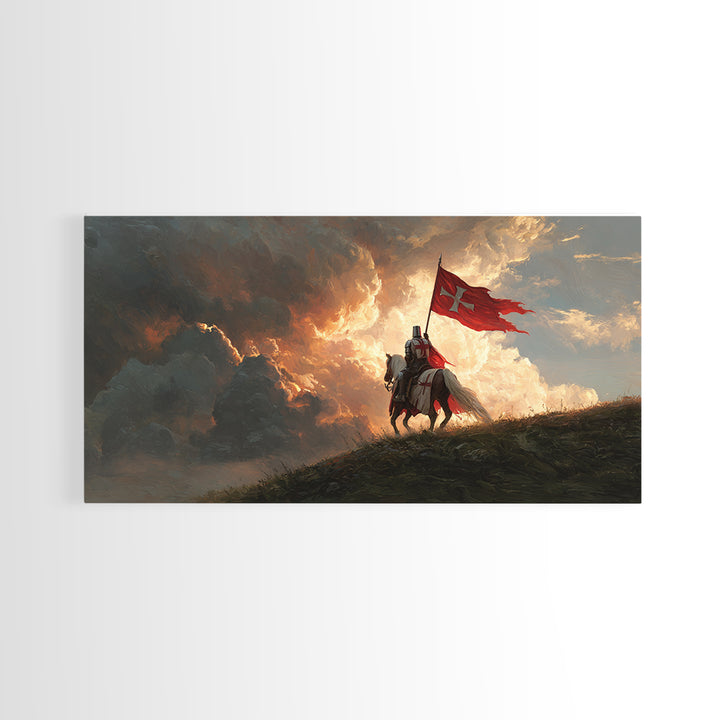 Medieval Knight With Red Banner Wall Art, Fantasy Warrior Canvas Print, Dramatic Battle Scene, Gothic Castle Decor Gift For Him
