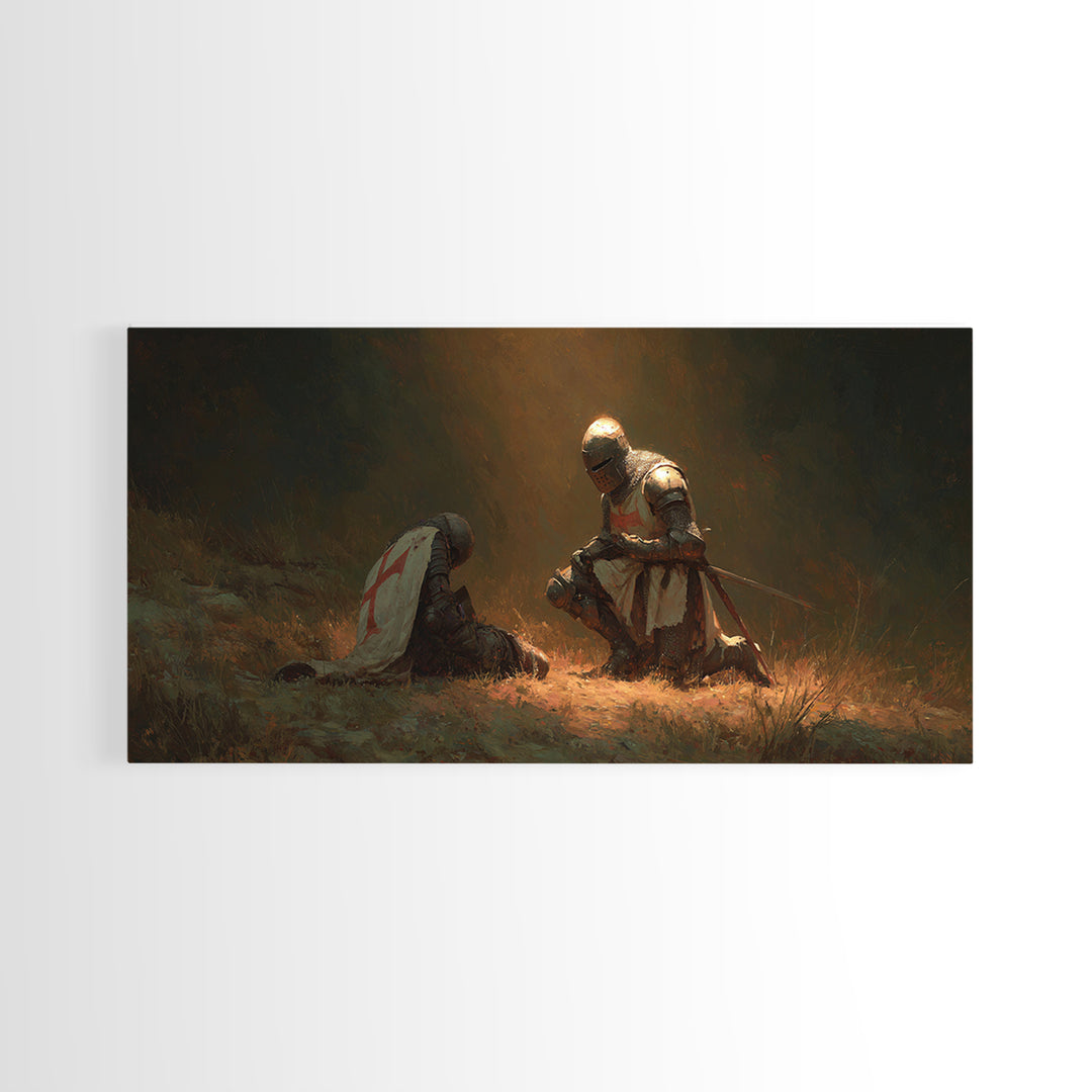 Kneeling Knight Beside Fallen Comrade Wall Art, Medieval Templar Painting, Chivalry Decor, Historical Canvas Print, Gift For Him
