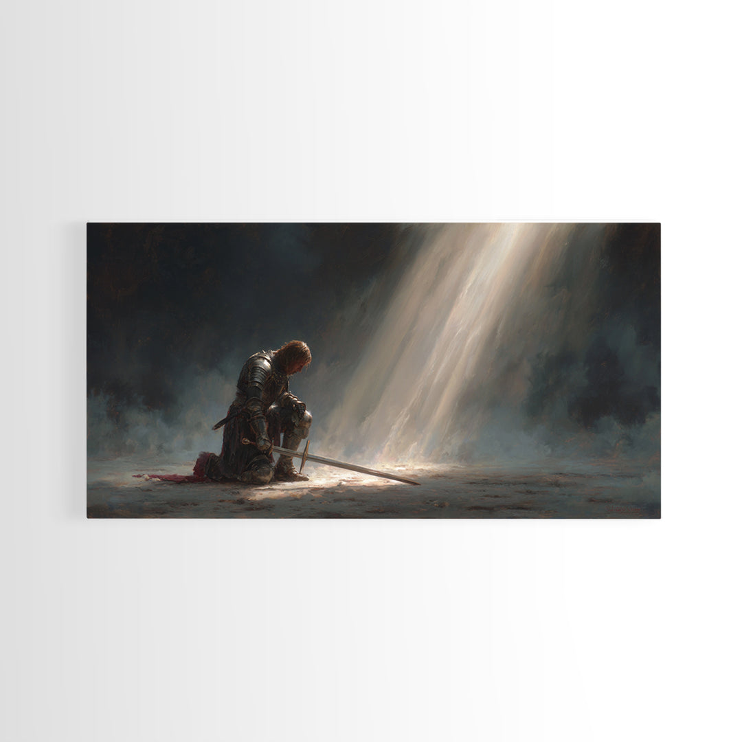 Solitary Knight Kneeling In Divine Light Canvas Print, Medieval Prayer Wall Art, Templar Office Decor, Spiritual Gift For Him